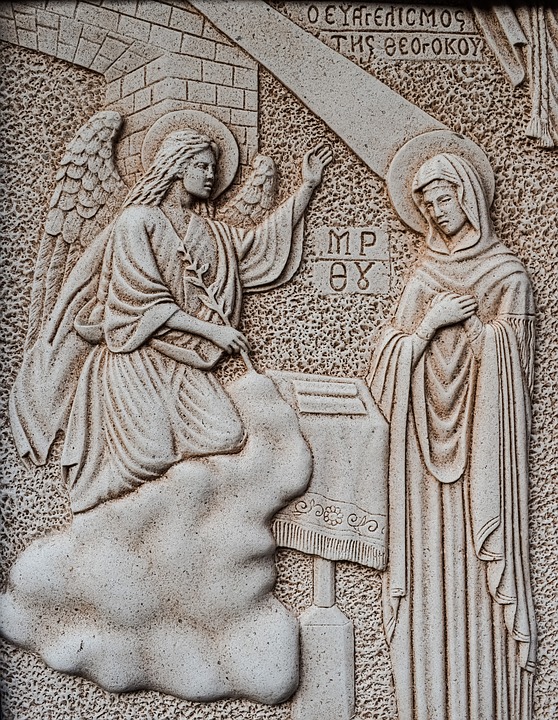 An engraving showing the angel speaking to Mary