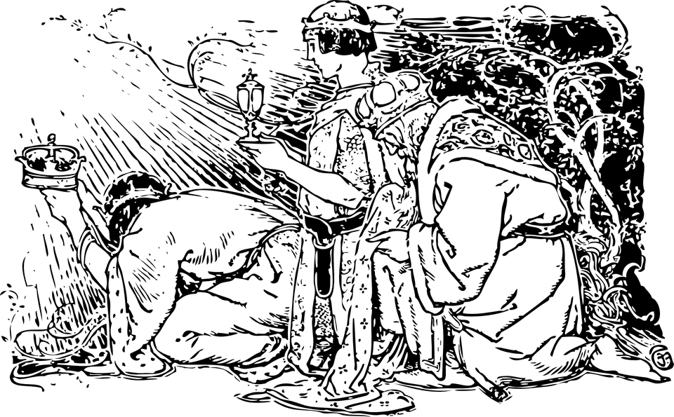 A sketch of the wise men bowing and presenting their gifts